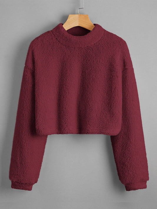 Stand Collar Crop Teddy Pullover