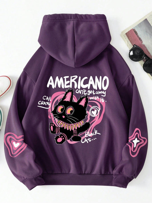 Comical Cat Print Slogan Hoodie