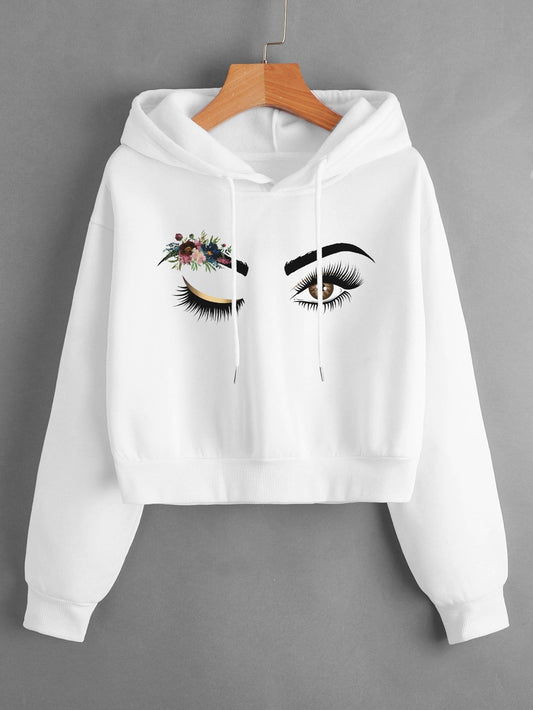 Drawstring Graphic Crop Hoodie