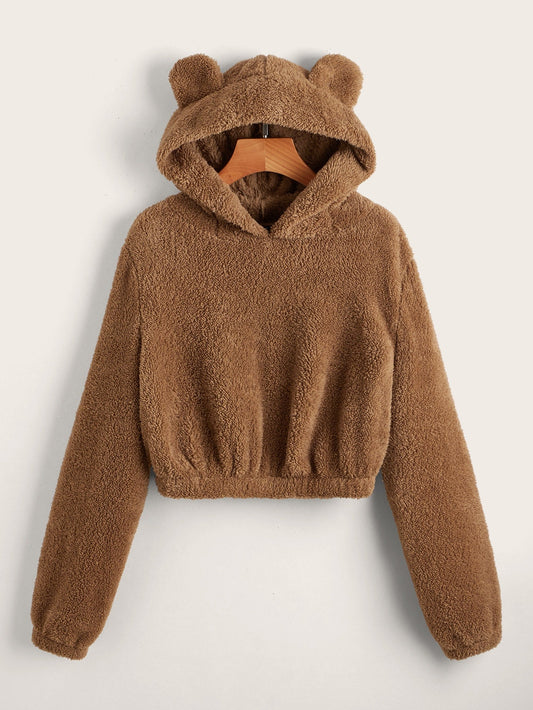 Crop Long Sleeve Ear Fleece Hoodie