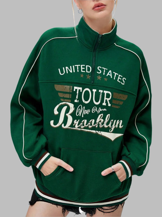 Half Zip Stand Collar Slogan Sweatshirt