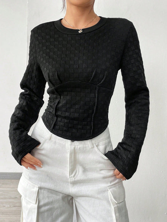 Crop Black Waffle Grid Sweatshirt