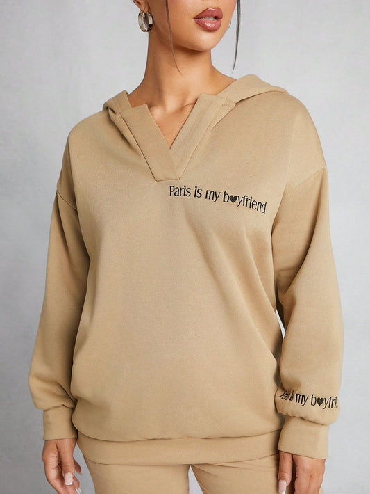 V Neck Embroidery Slogan Hoodie
